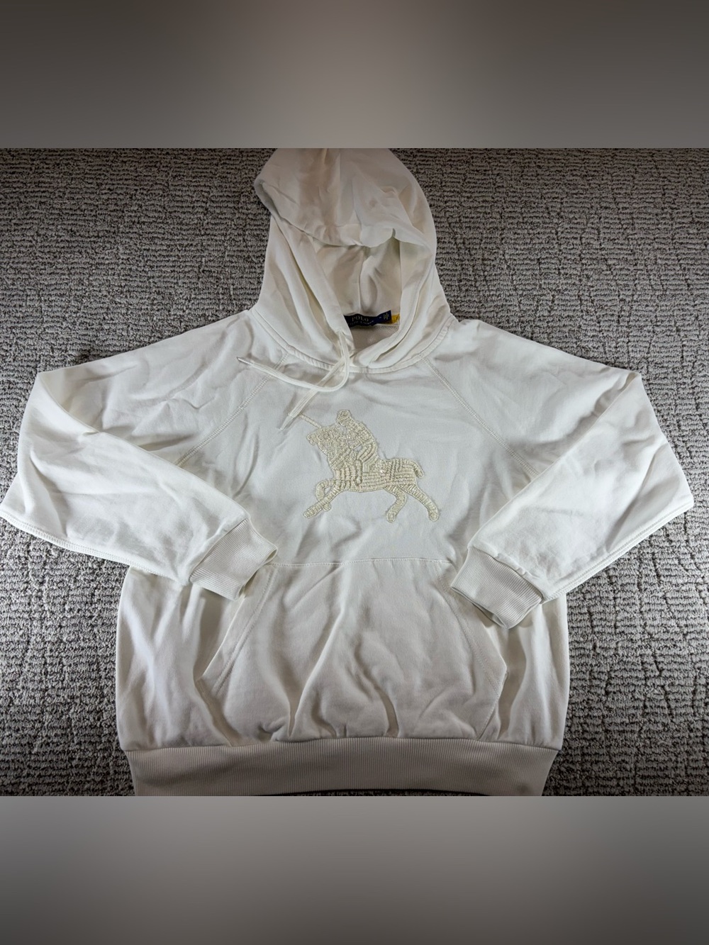 NEW Polo Ralph Lauren Women’s Medium White Hoodie Cream Beaded Pony Graphic - Picture 10 of 15